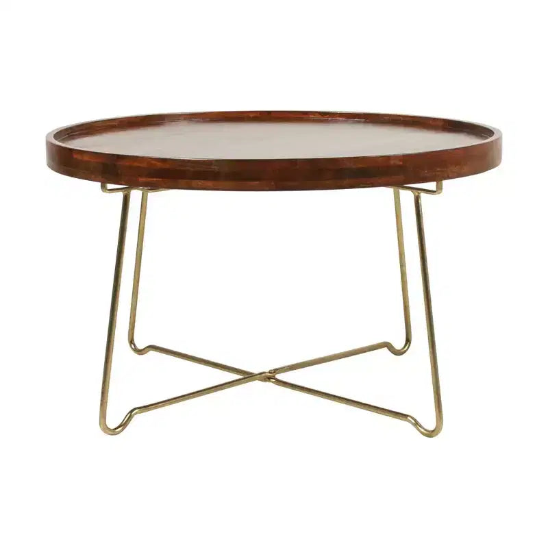 32" Round Coffee Table, Mango Wood Top, Criss-Cross Brass Base, Natural/Gold, No Assembly