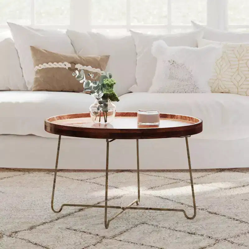 32" Round Coffee Table, Mango Wood Top, Criss-Cross Brass Base, Natural/Gold, No Assembly