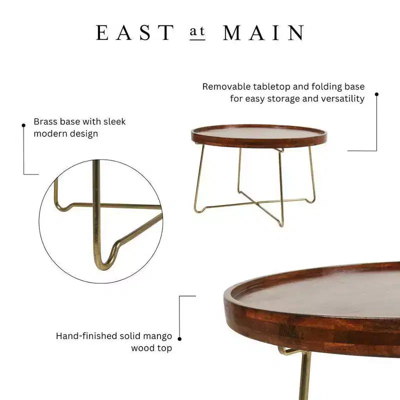 32" Round Coffee Table, Mango Wood Top, Criss-Cross Brass Base, Natural/Gold, No Assembly