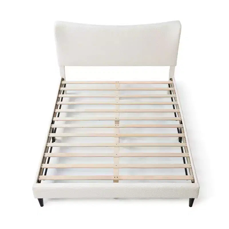 Queen Boucle Upholstered Wingback Platform Bed, White, No Box Spring Needed, 1000 lb Capacity