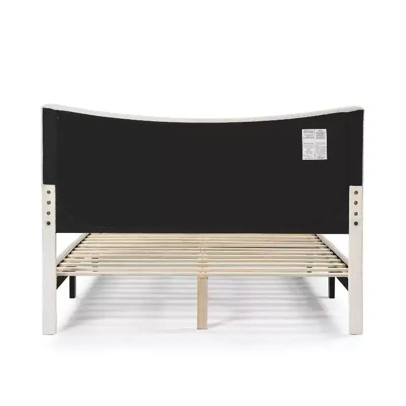 Queen Boucle Upholstered Wingback Platform Bed, White, No Box Spring Needed, 1000 lb Capacity
