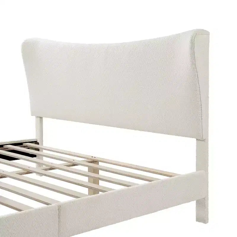 Queen Boucle Upholstered Wingback Platform Bed, White, No Box Spring Needed, 1000 lb Capacity