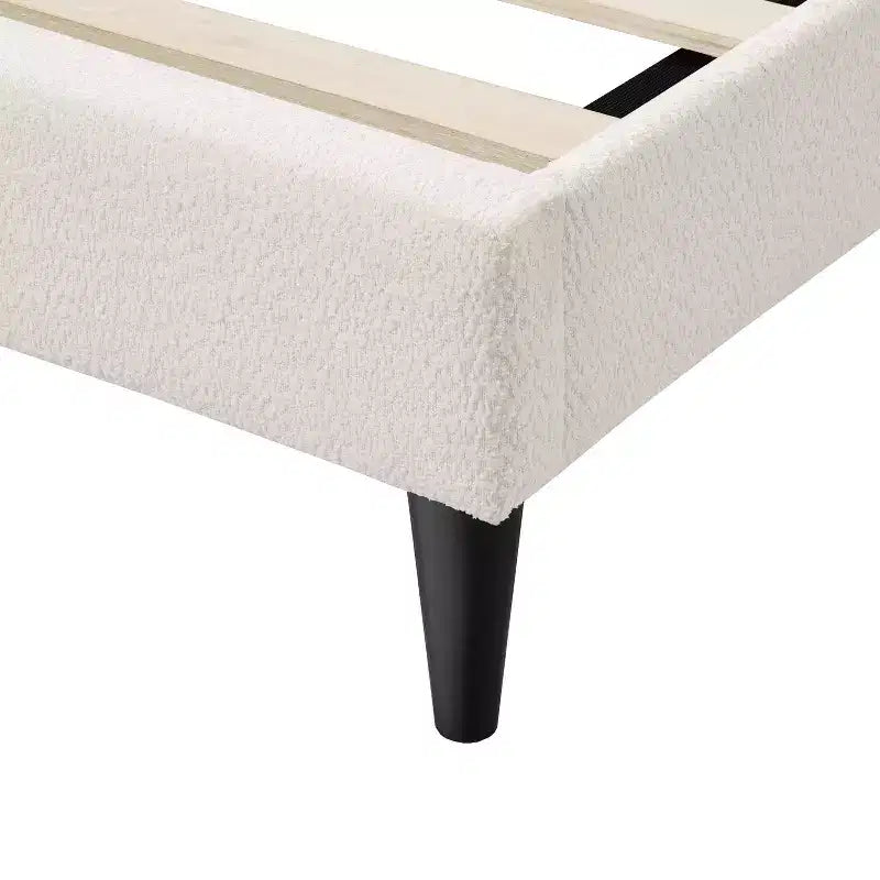 Queen Boucle Upholstered Wingback Platform Bed, White, No Box Spring Needed, 1000 lb Capacity