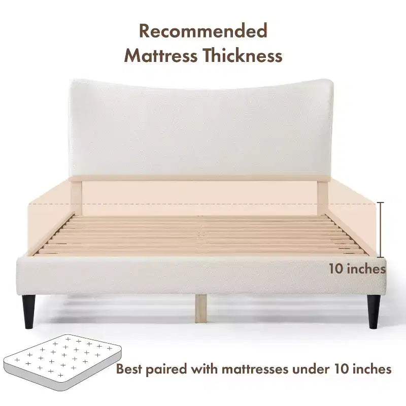 Queen Boucle Upholstered Wingback Platform Bed, White, No Box Spring Needed, 1000 lb Capacity