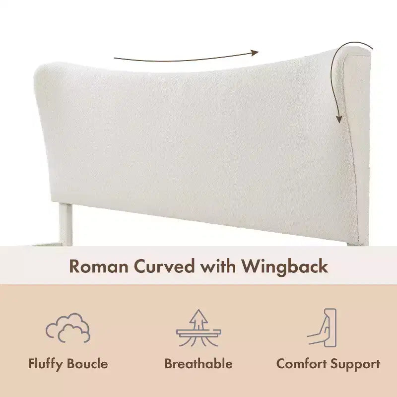 Queen Boucle Upholstered Wingback Platform Bed, White, No Box Spring Needed, 1000 lb Capacity