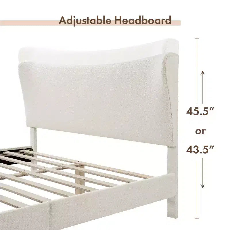 Queen Boucle Upholstered Wingback Platform Bed, White, No Box Spring Needed, 1000 lb Capacity