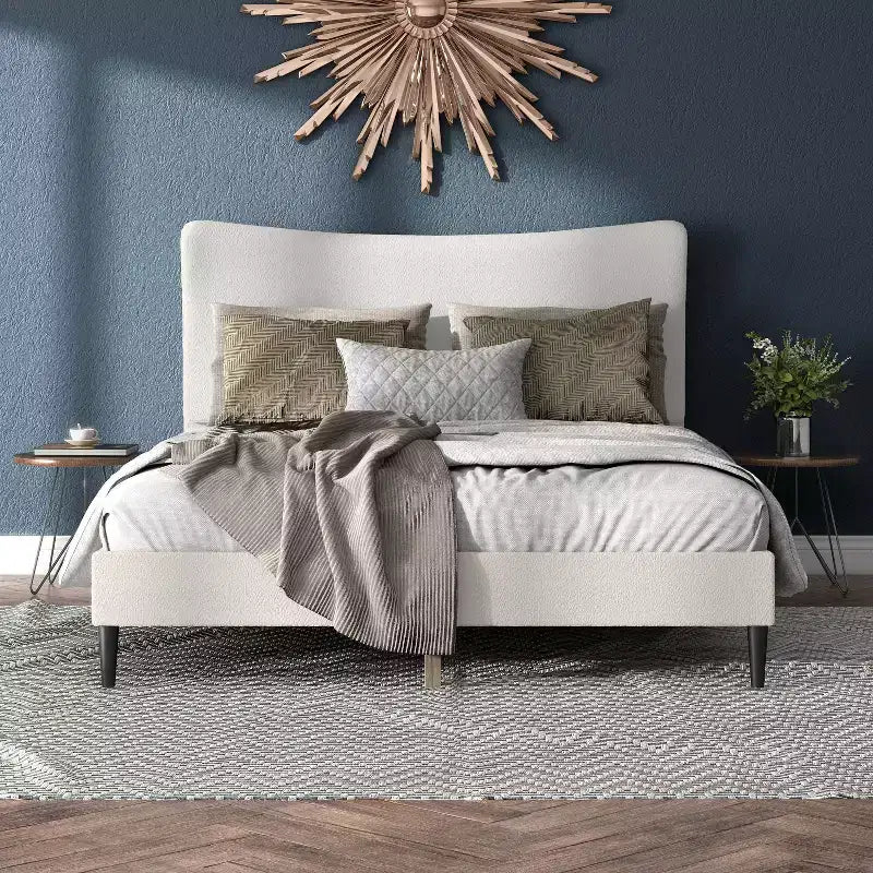 Queen Boucle Upholstered Wingback Platform Bed, White, No Box Spring Needed, 1000 lb Capacity