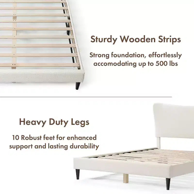 Queen Boucle Upholstered Wingback Platform Bed, White, No Box Spring Needed, 1000 lb Capacity