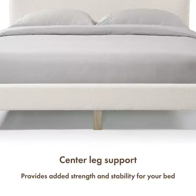 Queen Boucle Upholstered Wingback Platform Bed, White, No Box Spring Needed, 1000 lb Capacity