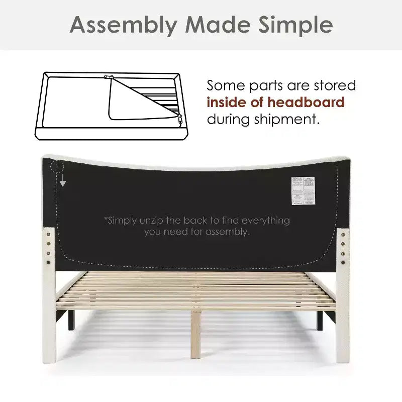 Queen Boucle Upholstered Wingback Platform Bed, White, No Box Spring Needed, 1000 lb Capacity
