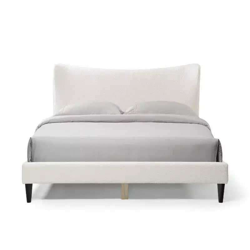 Queen Boucle Upholstered Wingback Platform Bed, White, No Box Spring Needed, 1000 lb Capacity