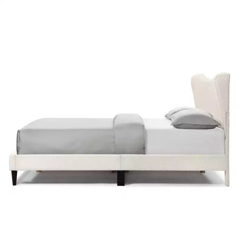 Queen Boucle Upholstered Wingback Platform Bed, White, No Box Spring Needed, 1000 lb Capacity