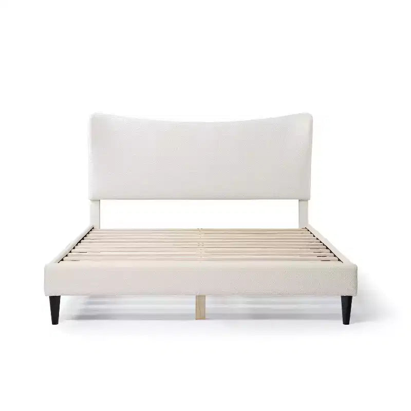 Queen Boucle Upholstered Wingback Platform Bed, White, No Box Spring Needed, 1000 lb Capacity
