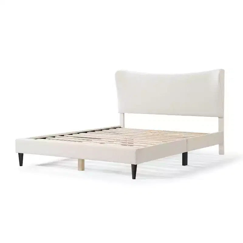 Queen Boucle Upholstered Wingback Platform Bed, White, No Box Spring Needed, 1000 lb Capacity