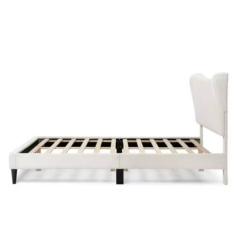 Queen Boucle Upholstered Wingback Platform Bed, White, No Box Spring Needed, 1000 lb Capacity