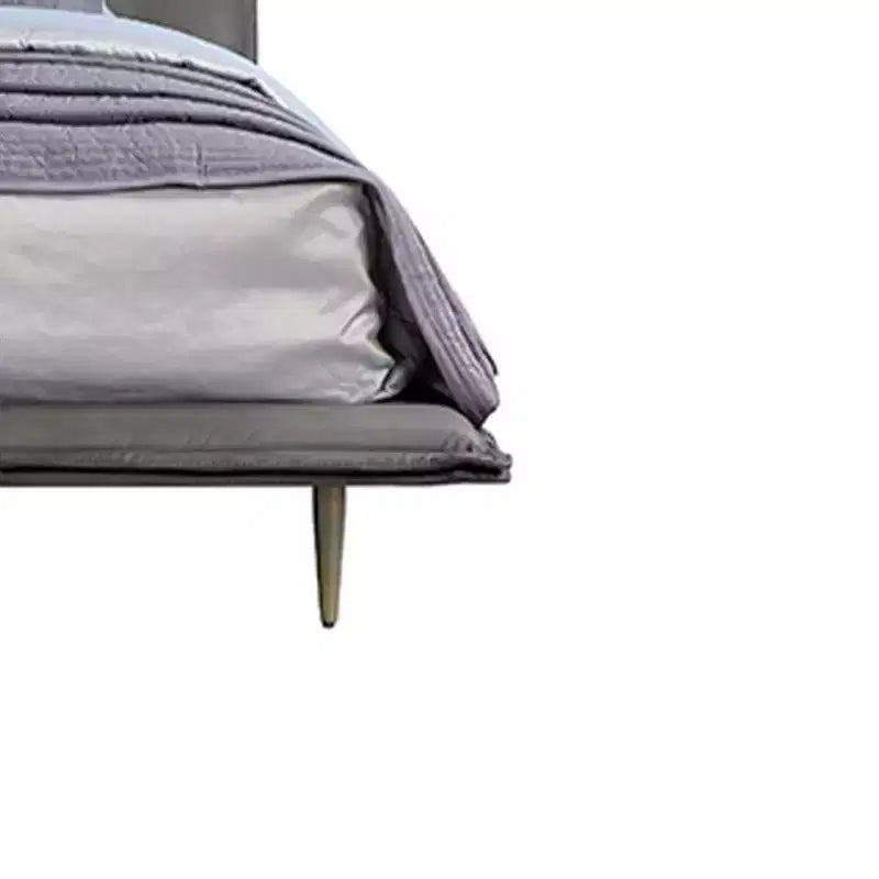 91" Queen Platform Bed, Gray Top Grain Leather, Metal Legs, Padded Headboard, No Box Spring Needed