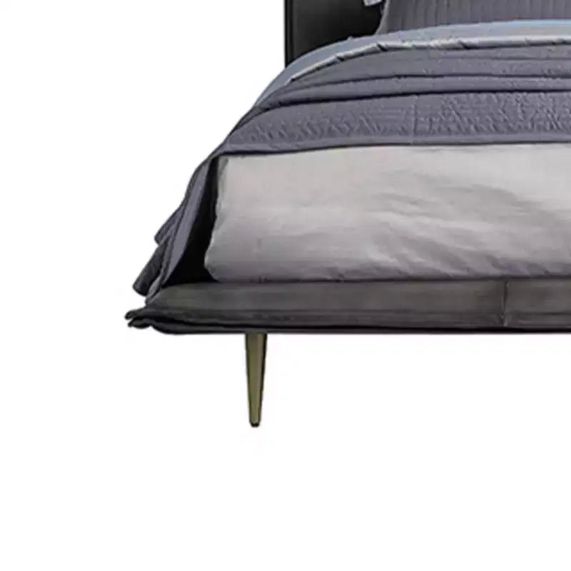 91" Queen Platform Bed, Gray Top Grain Leather, Metal Legs, Padded Headboard, No Box Spring Needed
