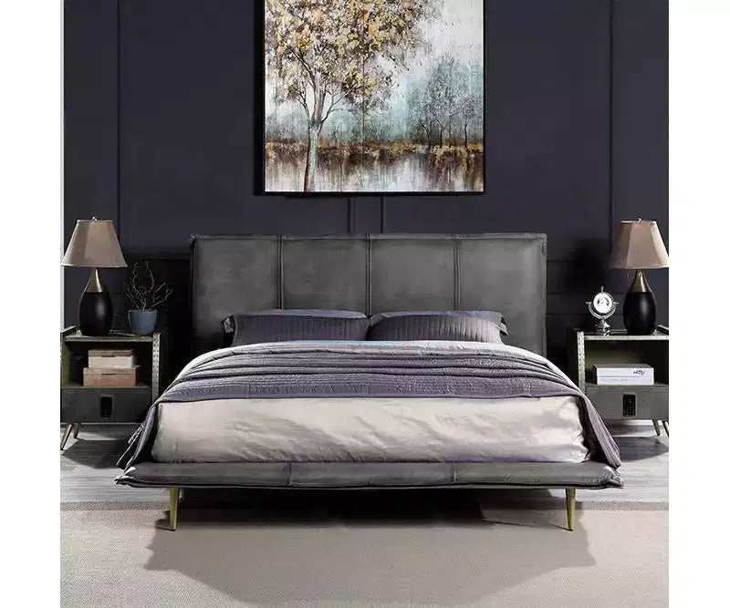 91" Queen Platform Bed, Gray Top Grain Leather, Metal Legs, Padded Headboard, No Box Spring Needed