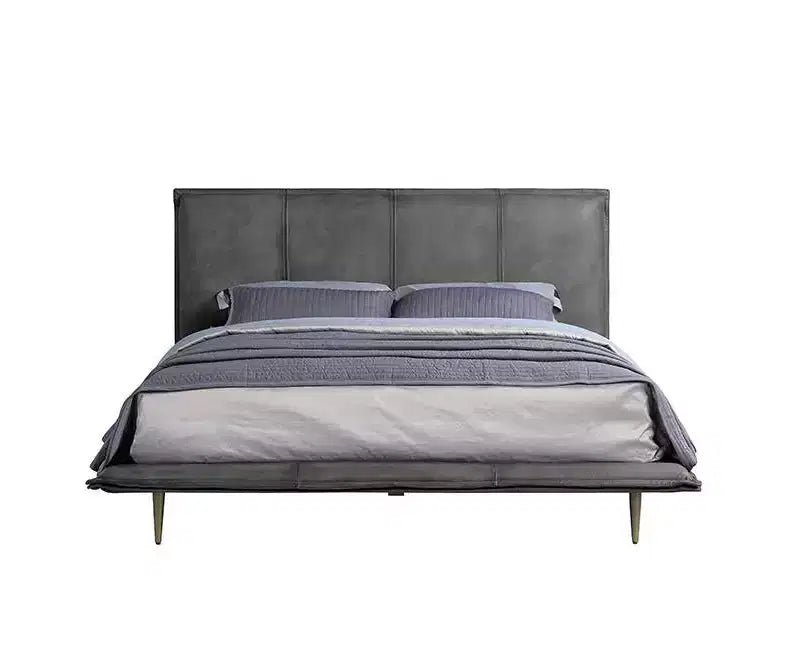 91" Queen Platform Bed, Gray Top Grain Leather, Metal Legs, Padded Headboard, No Box Spring Needed