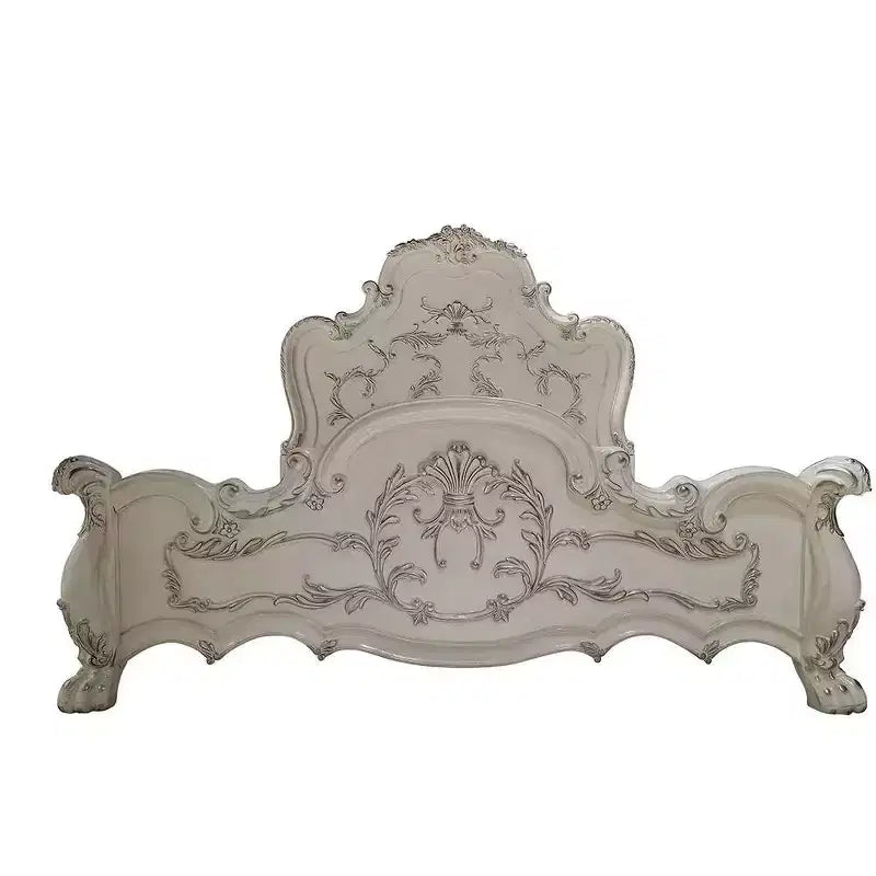 91" Queen Bed, Traditional Carved Design with Claw Feet, Bone White, Wood & Poly Resin Frame