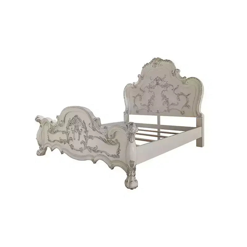 91" Queen Bed, Traditional Carved Design with Claw Feet, Bone White, Wood & Poly Resin Frame