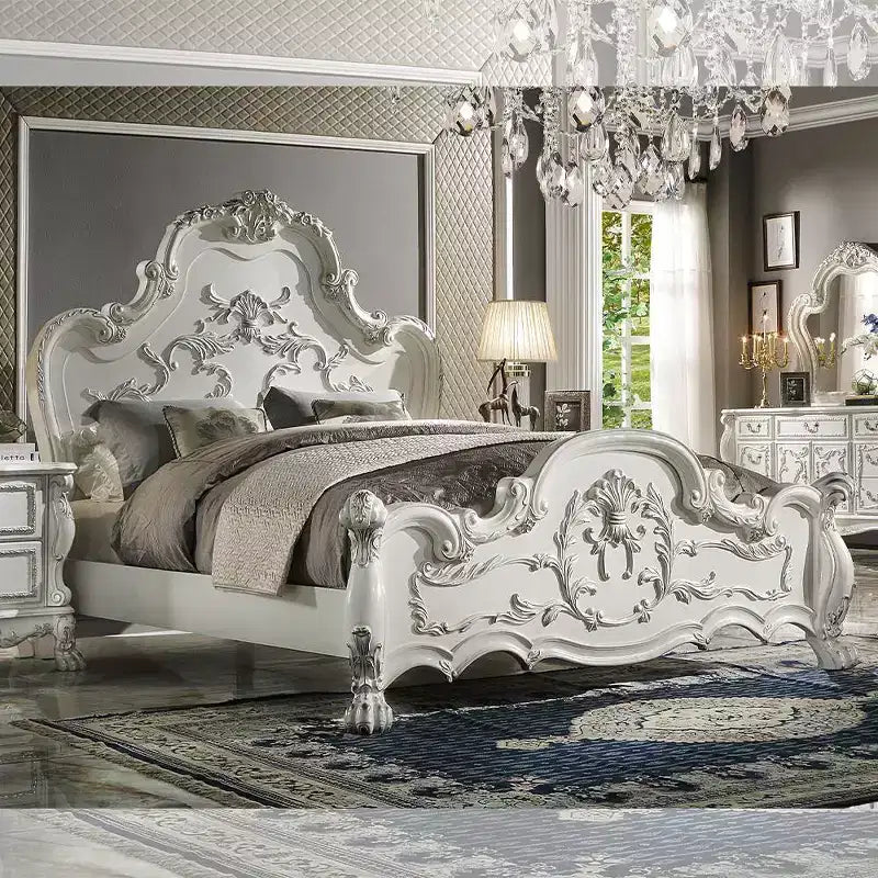 91" Queen Bed, Traditional Carved Design with Claw Feet, Bone White, Wood & Poly Resin Frame