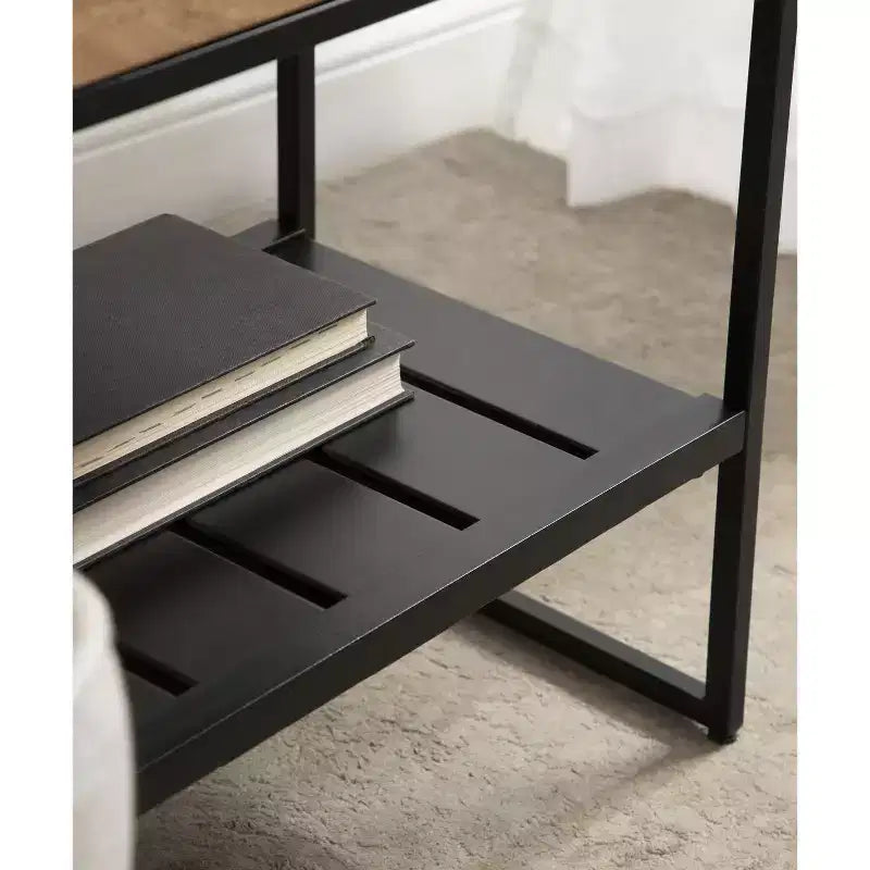 Side Table with Drawer & Storage Shelf, Solid Mango Wood Top, Black Metal Legs, 18"W × 24.25"H