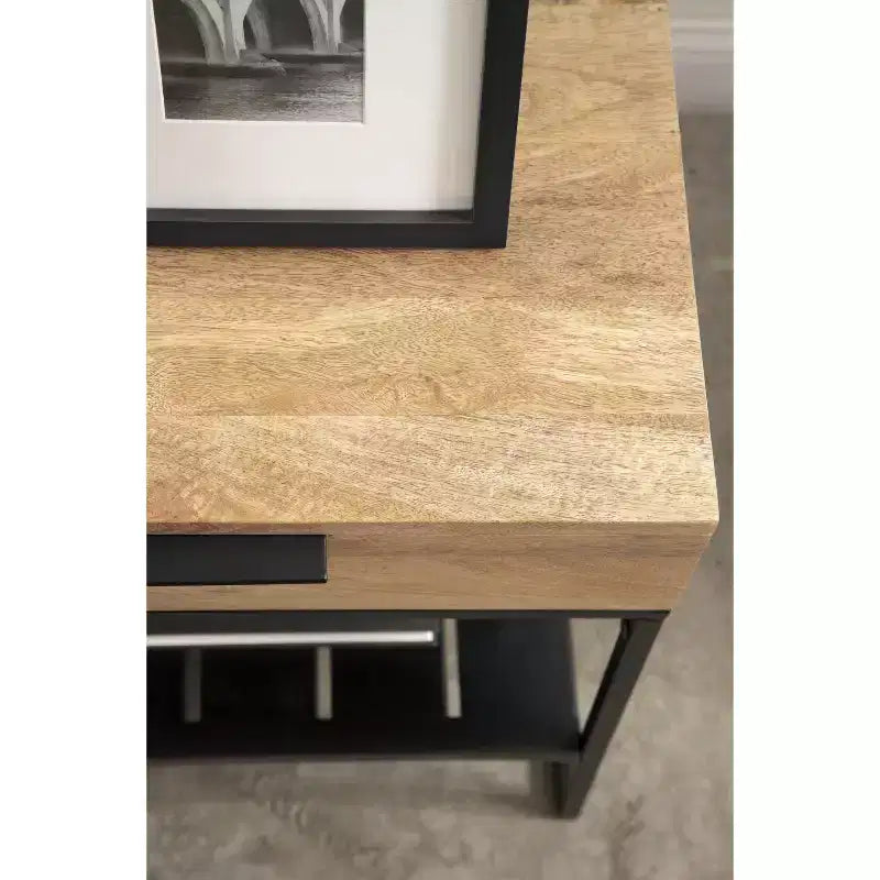 Side Table with Drawer & Storage Shelf, Solid Mango Wood Top, Black Metal Legs, 18"W × 24.25"H