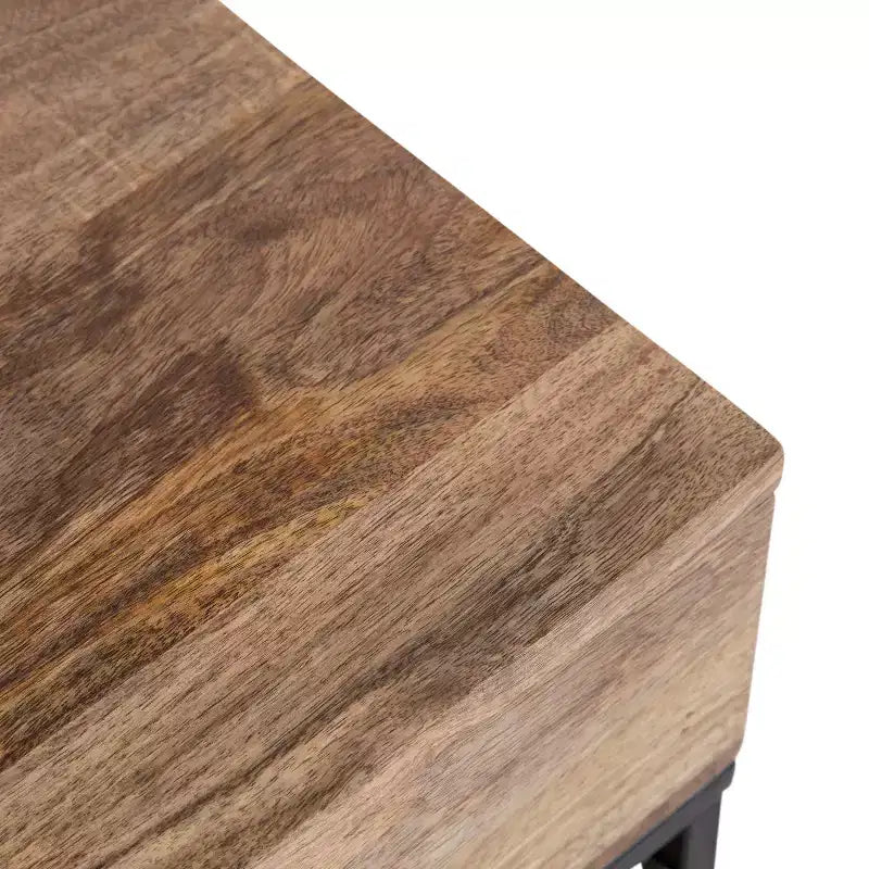 Side Table with Drawer & Storage Shelf, Solid Mango Wood Top, Black Metal Legs, 18"W × 24.25"H