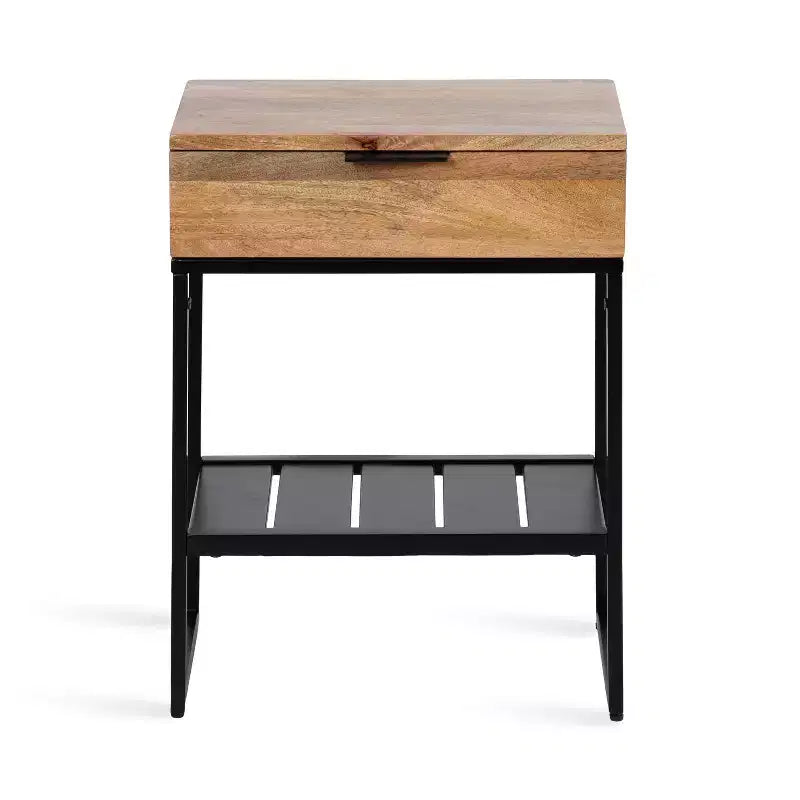 Side Table with Drawer & Storage Shelf, Solid Mango Wood Top, Black Metal Legs, 18"W × 24.25"H