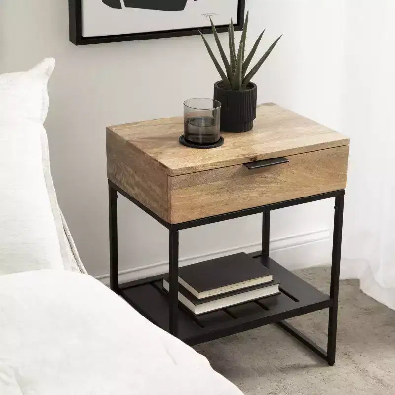 Side Table with Drawer & Storage Shelf, Solid Mango Wood Top, Black Metal Legs, 18"W × 24.25"H