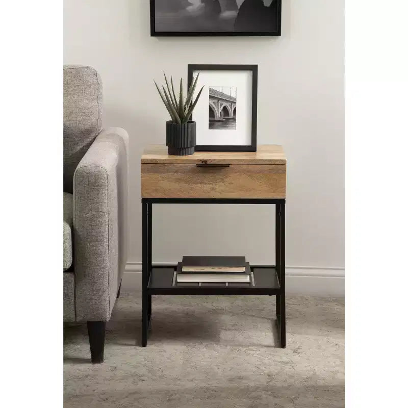 Side Table with Drawer & Storage Shelf, Solid Mango Wood Top, Black Metal Legs, 18"W × 24.25"H
