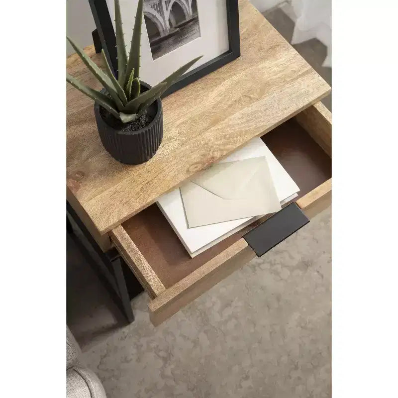 Side Table with Drawer & Storage Shelf, Solid Mango Wood Top, Black Metal Legs, 18"W × 24.25"H