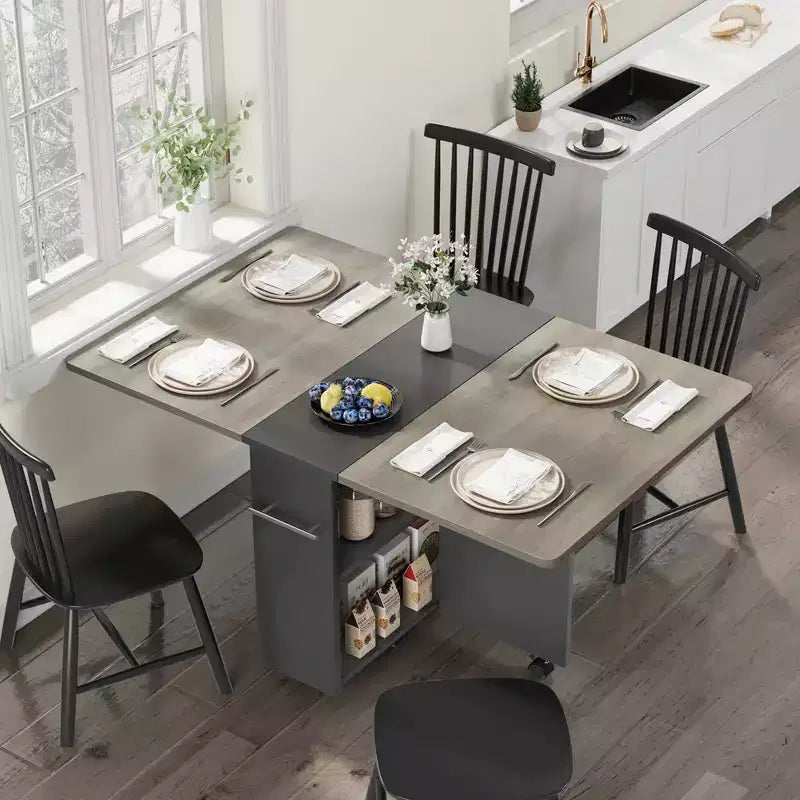 Folding Drop Leaf Dining Table, 2 Storage Racks, 6 Locking Wheels, Expandable, Seats 4–6, Gray