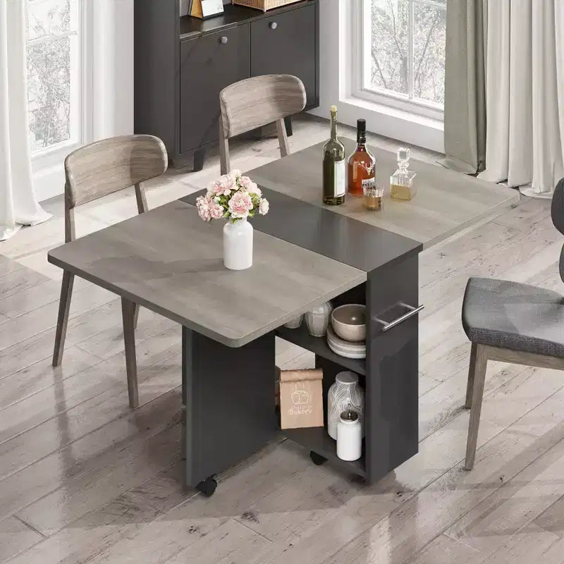 Folding Drop Leaf Dining Table, 2 Storage Racks, 6 Locking Wheels, Expandable, Seats 4–6, Gray