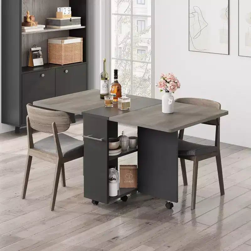 Folding Drop Leaf Dining Table, 2 Storage Racks, 6 Locking Wheels, Expandable, Seats 4–6, Gray