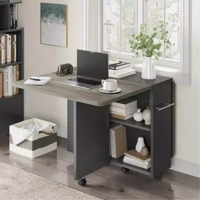 Folding Drop Leaf Dining Table, 2 Storage Racks, 6 Locking Wheels, Expandable, Seats 4–6, Gray