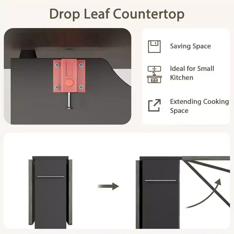 Folding Drop Leaf Dining Table, 2 Storage Racks, 6 Locking Wheels, Expandable, Seats 4–6, Gray