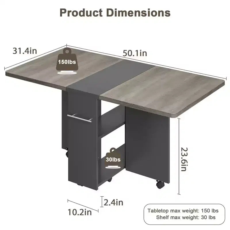 Folding Drop Leaf Dining Table, 2 Storage Racks, 6 Locking Wheels, Expandable, Seats 4–6, Gray