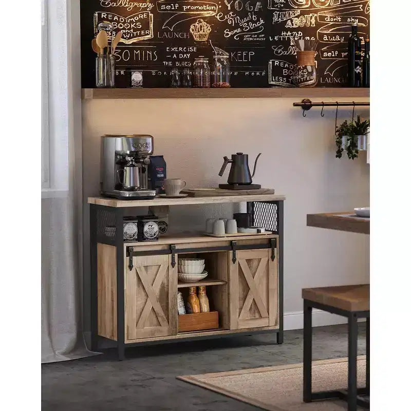 Buffet Sideboard Cabinet, 2 Sliding Barn Doors, 4 Adjustable Shelves, Steel Frame, 39.4"W