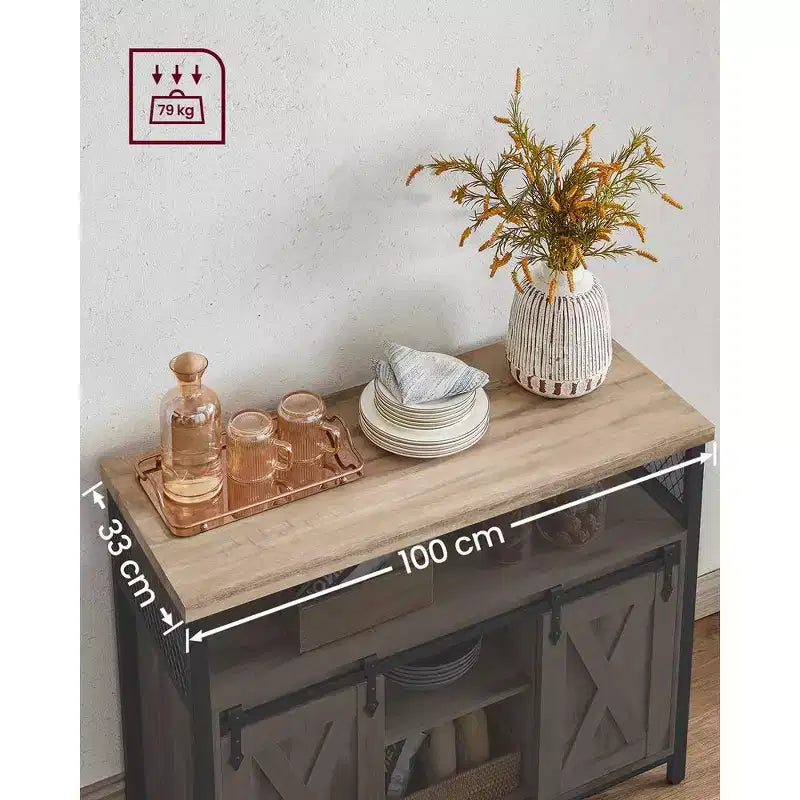 Buffet Sideboard Cabinet, 2 Sliding Barn Doors, 4 Adjustable Shelves, Steel Frame, 39.4"W