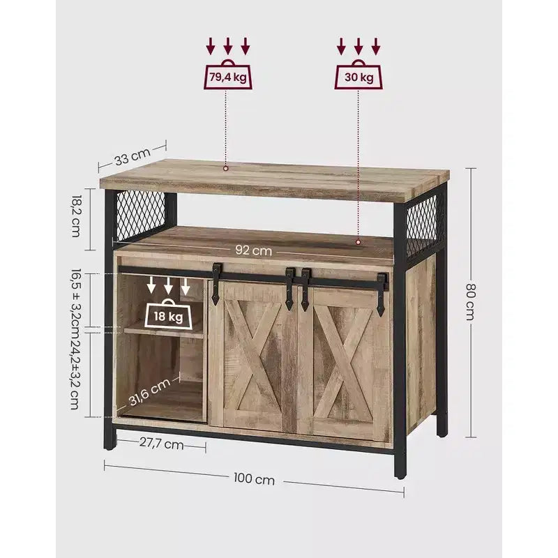 Buffet Sideboard Cabinet, 2 Sliding Barn Doors, 4 Adjustable Shelves, Steel Frame, 39.4"W