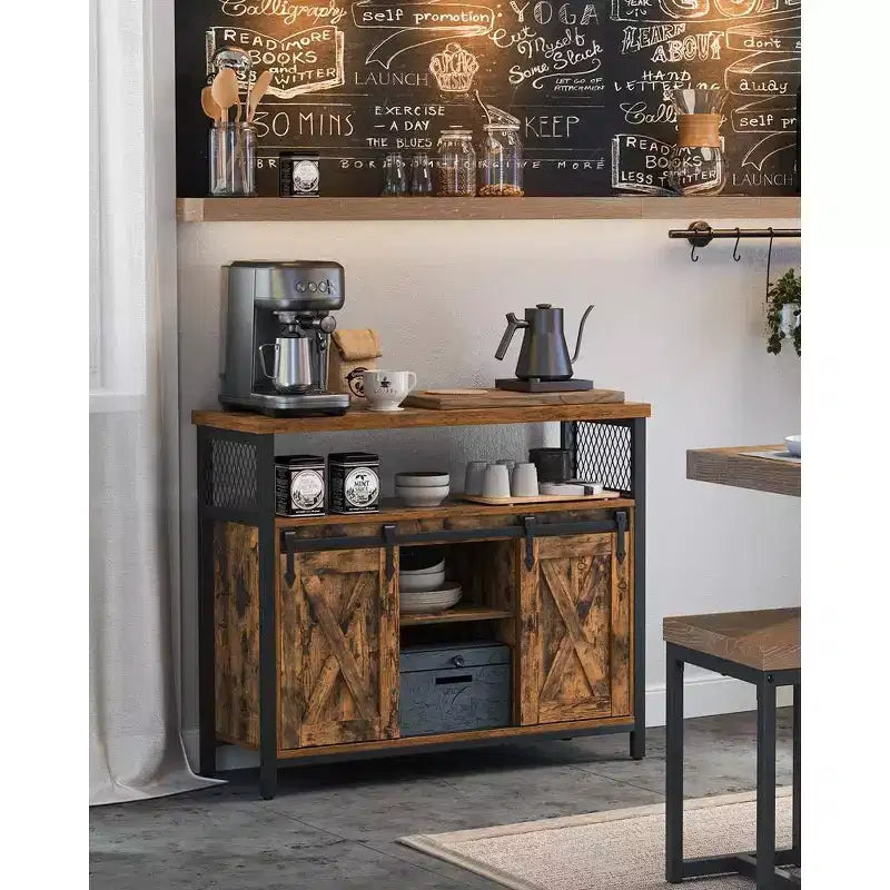 Buffet Sideboard Cabinet, 2 Sliding Barn Doors, 4 Adjustable Shelves, Steel Frame, 39.4"W