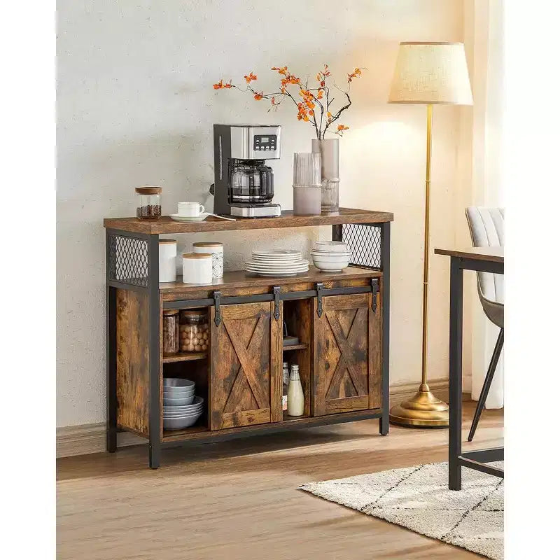 Buffet Sideboard Cabinet, 2 Sliding Barn Doors, 4 Adjustable Shelves, Steel Frame, 39.4"W