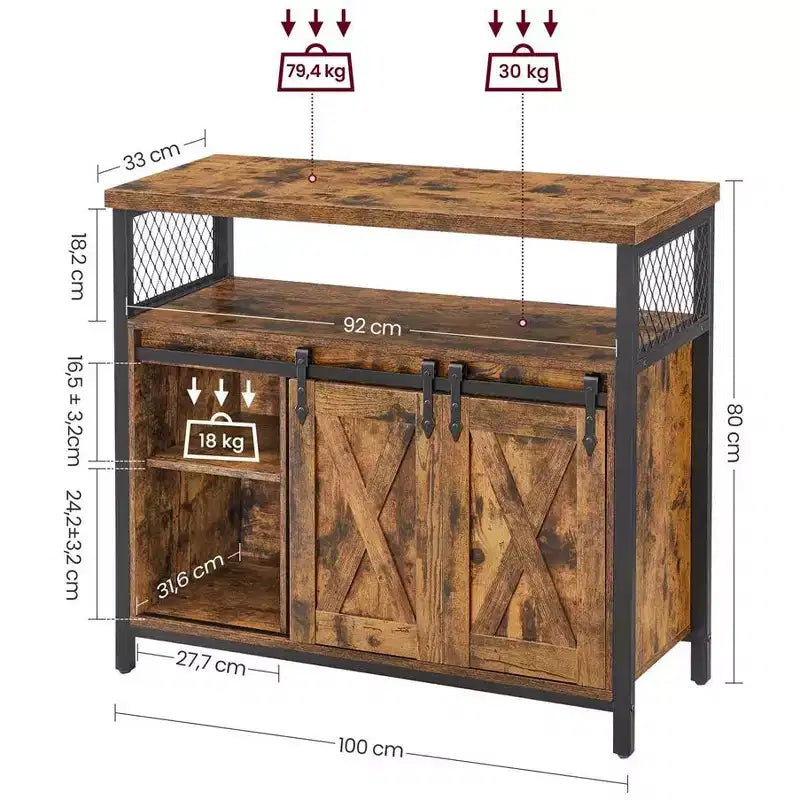 Buffet Sideboard Cabinet, 2 Sliding Barn Doors, 4 Adjustable Shelves, Steel Frame, 39.4"W