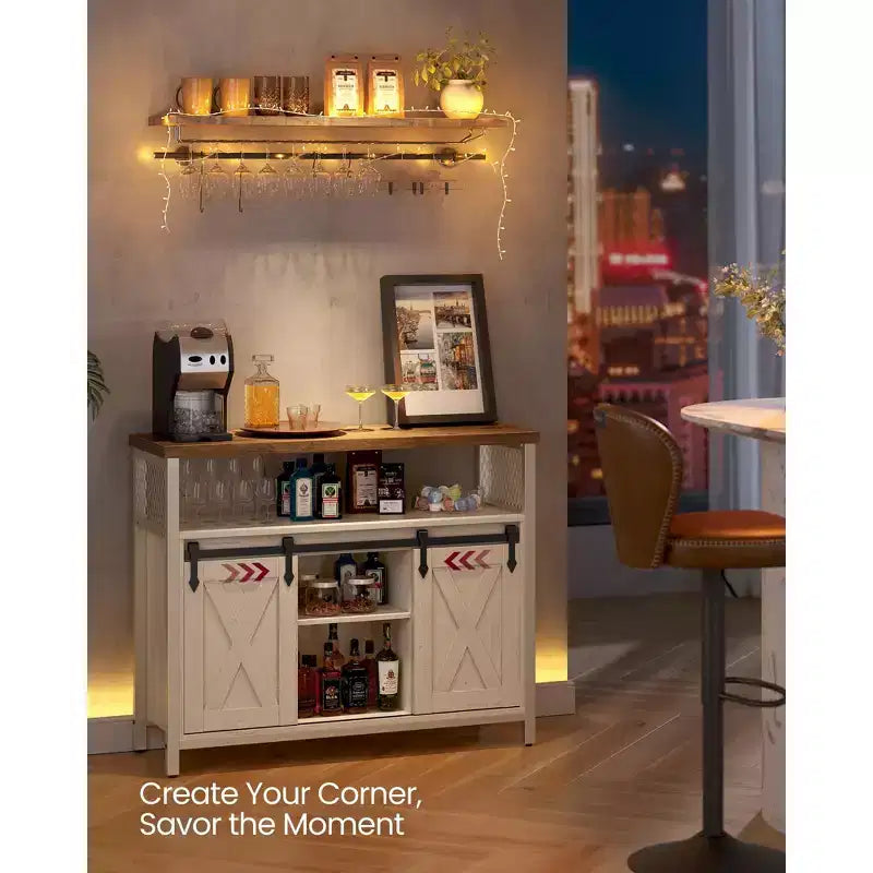 Buffet Sideboard Cabinet, 2 Sliding Barn Doors, 4 Adjustable Shelves, Steel Frame, 39.4"W