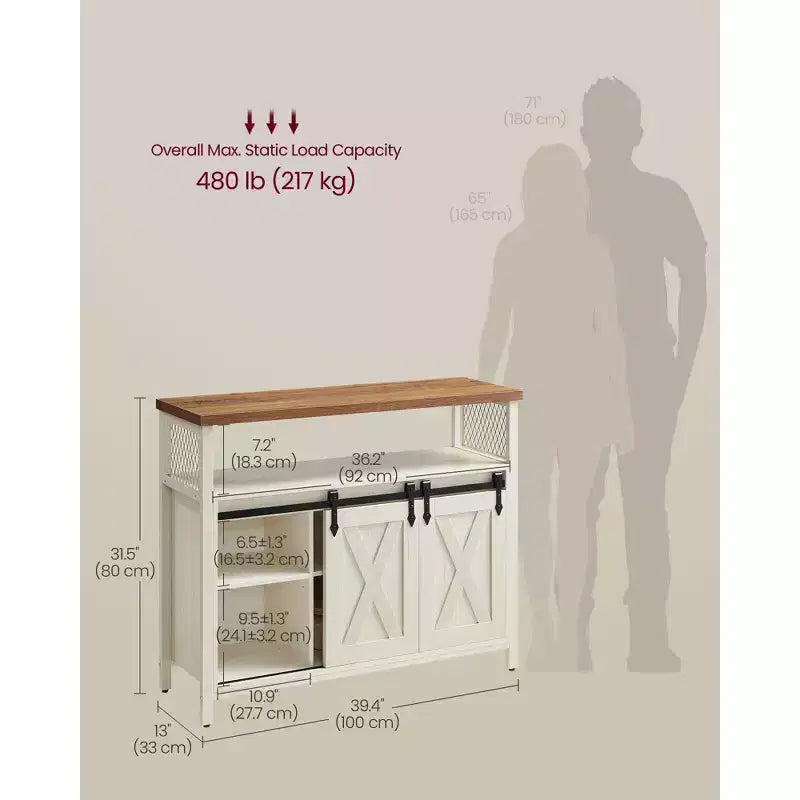 Buffet Sideboard Cabinet, 2 Sliding Barn Doors, 4 Adjustable Shelves, Steel Frame, 39.4"W