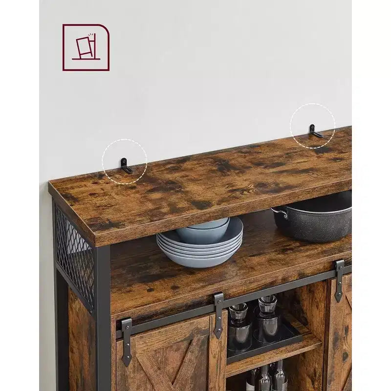 Buffet Sideboard Cabinet, 2 Sliding Barn Doors, 4 Adjustable Shelves, Steel Frame, 39.4"W