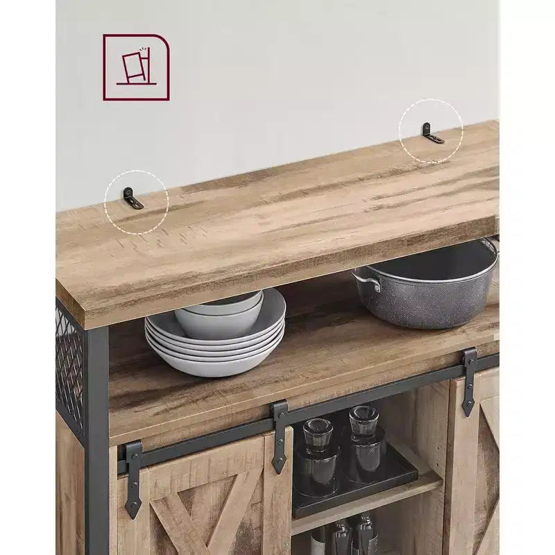 Buffet Sideboard Cabinet, 2 Sliding Barn Doors, 4 Adjustable Shelves, Steel Frame, 39.4"W