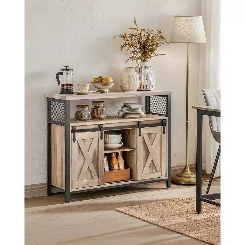 Buffet Sideboard Cabinet, 2 Sliding Barn Doors, 4 Adjustable Shelves, Steel Frame, 39.4"W